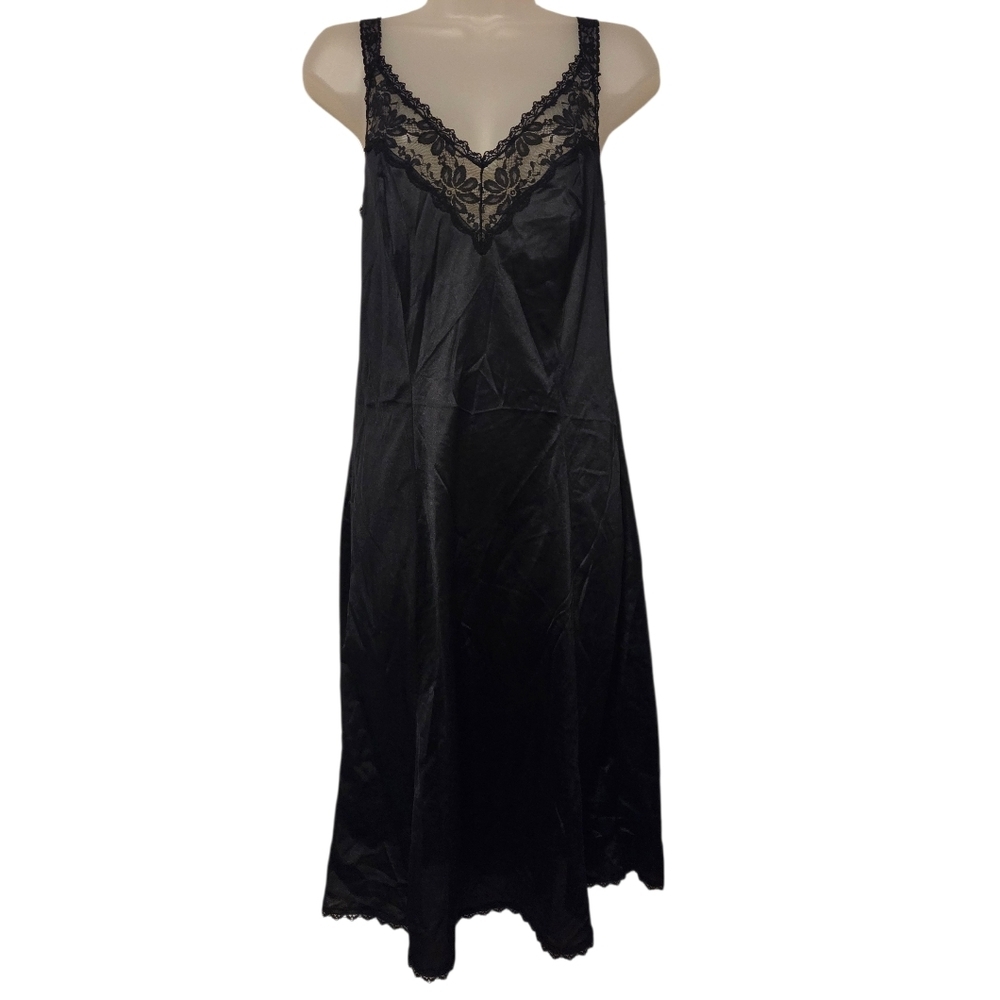 Vintage ILGWU Maidenform Black Lace Silky Slip Lingerie‎ Dress Women's Size 36